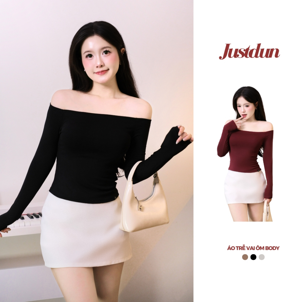 Áo trễ vai tay dài ôm body basic thun cotton mềm mịn Justdun D69