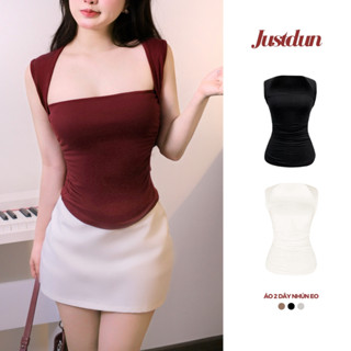Áo 2 Dây Sát Nách Ôm Body Basic Cúp Ngực Nhún Eo Viền Vai Cotton Mịn Justdun 7D