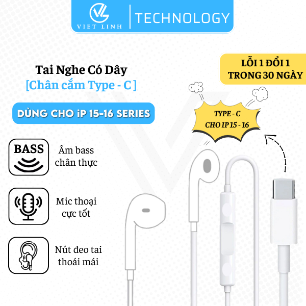 Tai Nghe có dây chân Type C cho 16 Pro Max 15 ProMax 15Pro 15Plus 15 có hỗ trợ mic nghe gọi, âm thanh bass siêu chất.