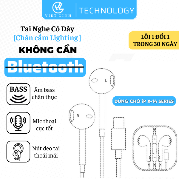 Tai nghe dây chân dẹt không cần kết nối Bluetooth có mic cho táo 7/8Plus/X/Xr/XsMax/11/12/13/14ProMax - Việt Linh