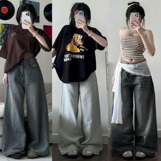 Quần Jean Nữ ống Rộng MIAA Cạp cao VER3 ống suông rộng 33cm màu xanh xám wash trắng bigsize