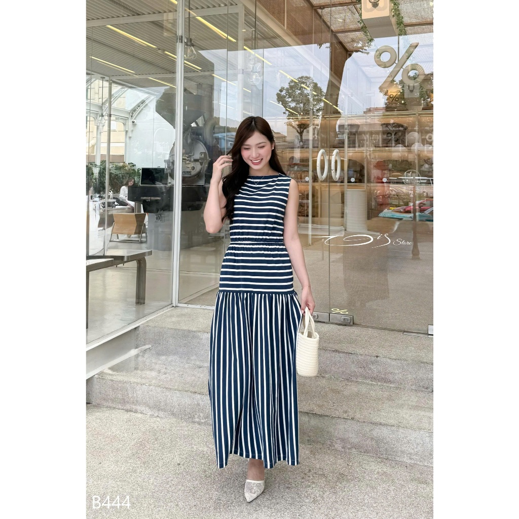 Vis Store - Đầm thun midi sọc sát nách eo chun
