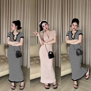 Đầm váy nữ body dáng dài chất thun tăm 2 màu, đầm cổ tròn cài cúc tay ngắn họa tiết sọc ngang KÈM ẢNH THẬT - SHOP NGÔ