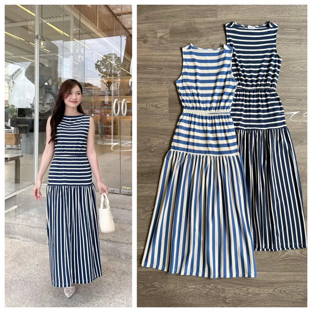 Vis Store - Đầm thun midi sọc sát nách eo chun