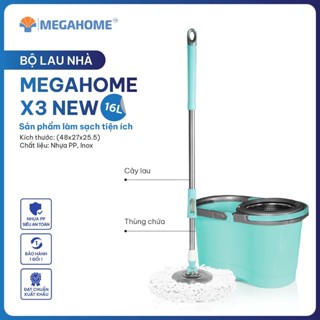 Bộ Lau Nhà MEGAHOME New X3, Trục Giặt Bông Lau Xoay Trong Nước, Lồng Giăt Inox, Bông Lau Microfiber