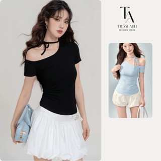   Sale up to 40% Áo thun ôm lệch vai chất cotton mịn mặc 2 kiểu áo trễ vai kèm dây thắt nơ 
