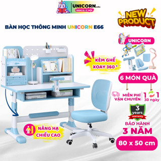   MẪU MỚI NHẤT Bộ bàn học sinh Unicorn E66 Nâng hạ chiều cao linh hoạt Có giá sách Kèm ghế công thái học cho bé Size 80cm 