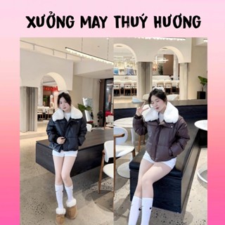  Áo Khoác Phao Da Nữ Dáng Ngắn Cổ Lông Có Dây Rút Áo Phao Croptop Nữ 3 Lớp  Siêu Ấm 