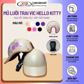  Mũ Bảo Hiểm Lưỡi Trai VIC Họa Tiết Mèo Hello Kitty Có Khoét Sau Dành Cho Nữ Tóc Dài 