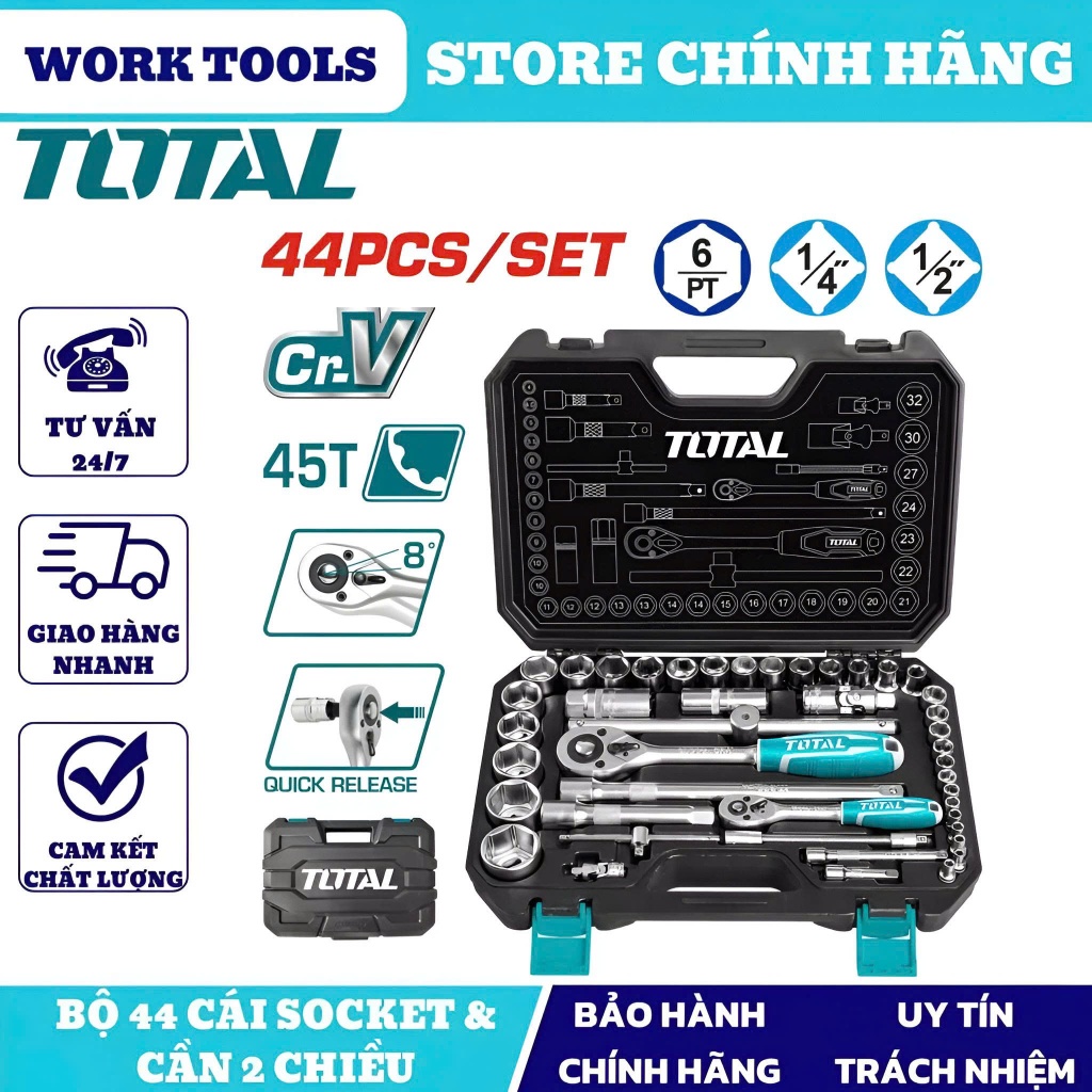 ĐỒ NGHỀ TOTAL Bộ 44 cái socket (1/4+1/2 inch) & cần 2 chiều THT421441 < HÀNG CHÍNH HÃNG >