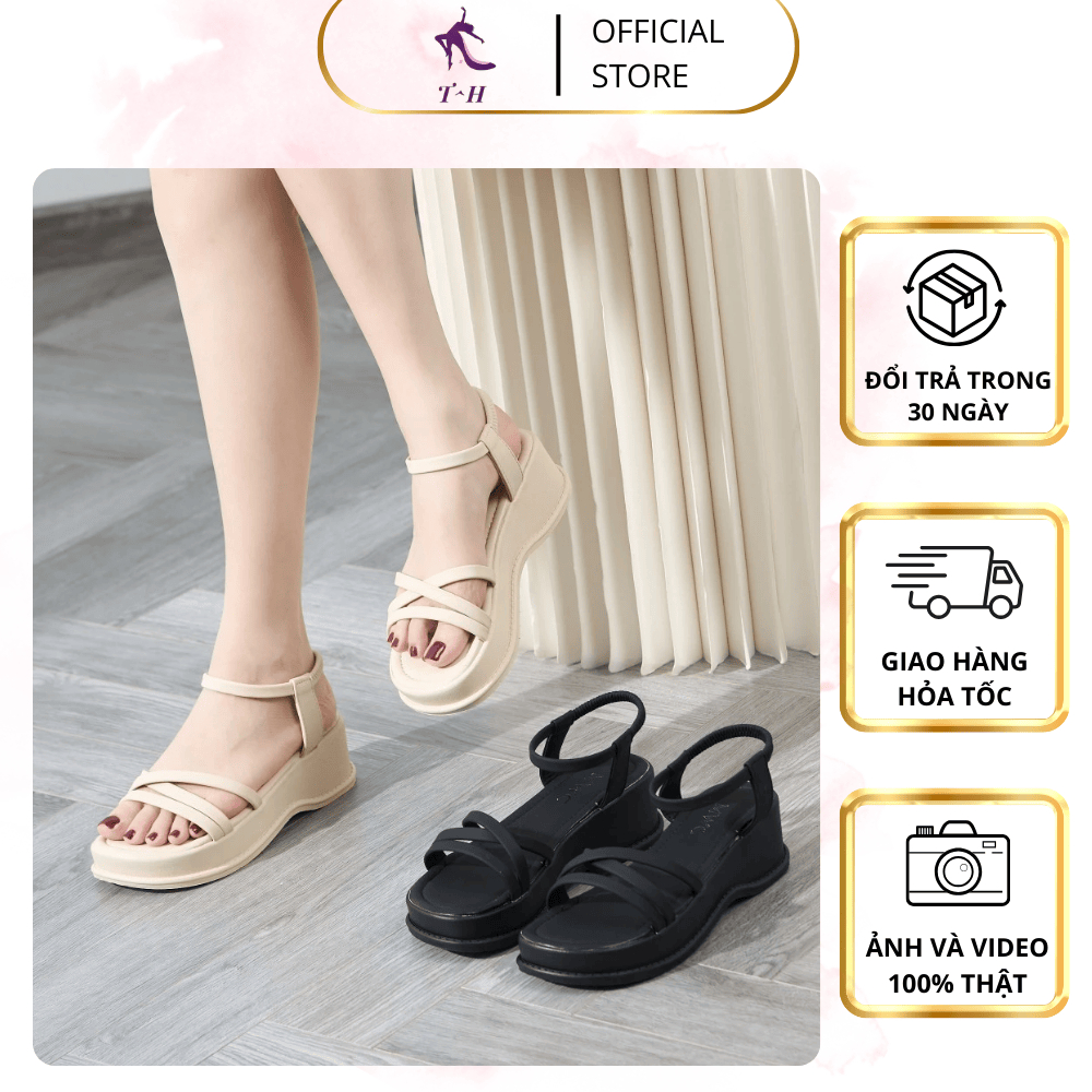 Giày sandal nữ T&H đế 5cm - Sandal nữ đế bằng 5cm phối quai da mảnh sang trọng dễ phối đồ GGC0012