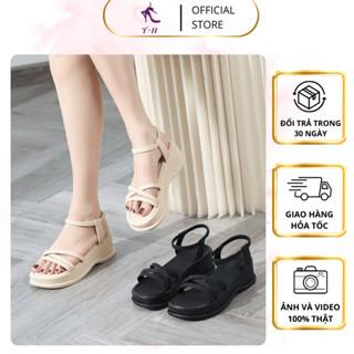 Giày sandal nữ T&H đế 5cm - Sandal nữ đế bằng 5cm phối quai da mảnh sang trọng dễ phối đồ GGC0012