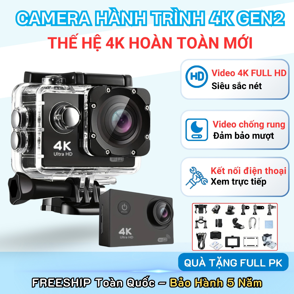 Máy quay phim mini 4k GEN 2, Camera hành trình cầm tay 4K gắn mũ, ô tô, xe máy kiêm Máy ảnh mini