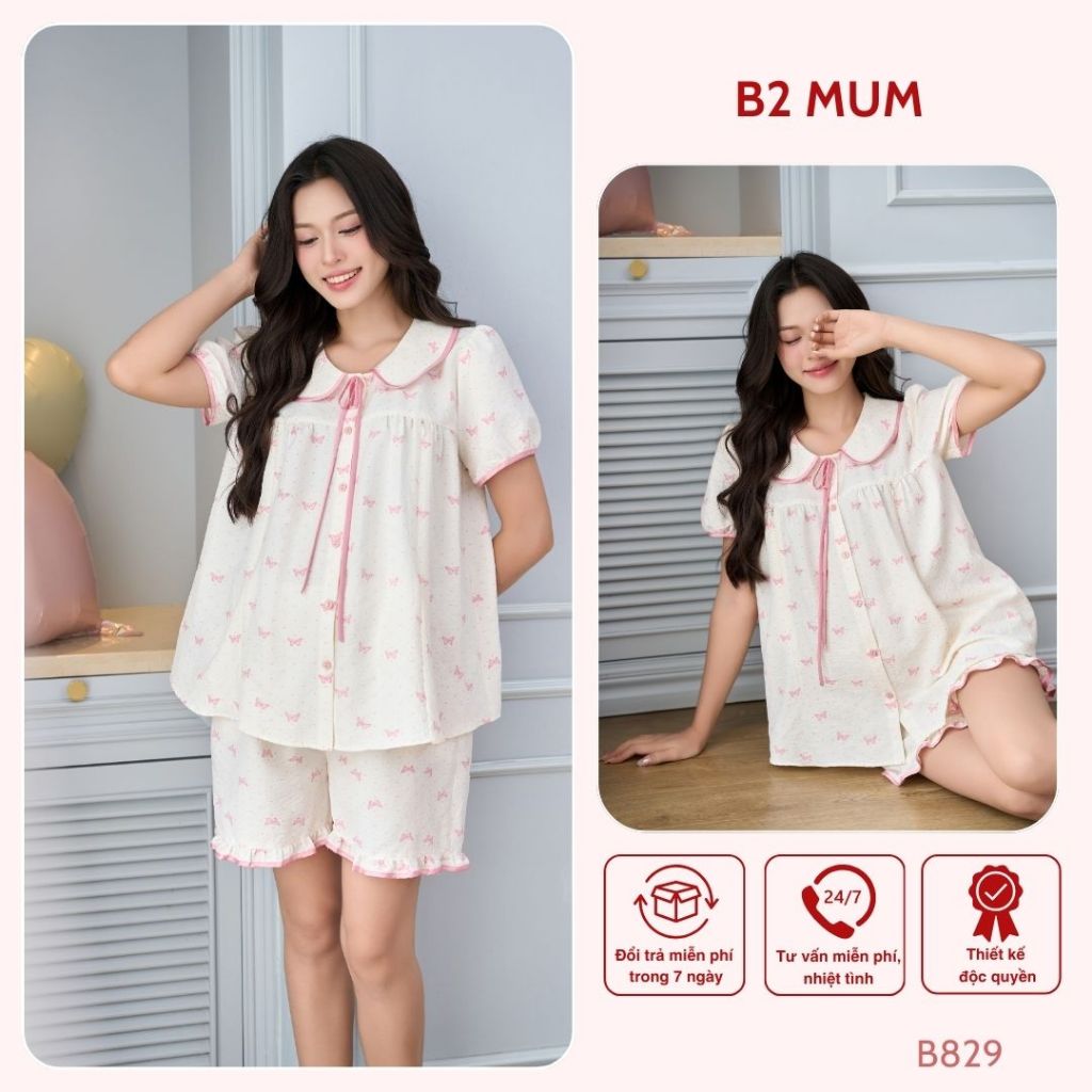 Bộ đồ bầu xinh, thiết kế dáng rộng, cổ sen có mix hồng, thiết kế cúc mở tiện lợi - B829 B2MUM