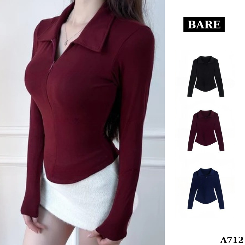 [Mở Bán] 𝐁𝐀𝐑𝐄_Áo Thun Nữ Tay Dài Ôm Body Cổ Bẻ Phối Khoá Kéo Dáng Vạt Bầu Cotton_A712