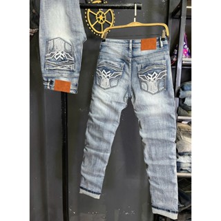 [THREE COLLECTION]  Quần Jean Nam Dài Màu Xanh Bạc Túi LOGO Đắp Da Chất Denim J3627-JD636