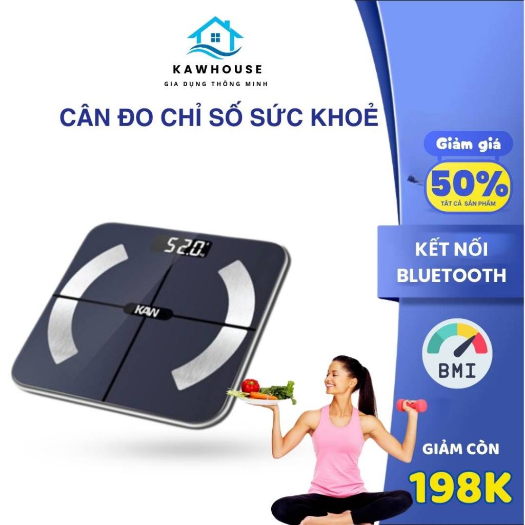 Cân Điện Tử Sức Khỏe Thông Minh Kết Nối Bluetooth KAW, Màn Hình Led Kính Cường Lực , Theo Dõi Sức Khỏe Cả Gia Đình