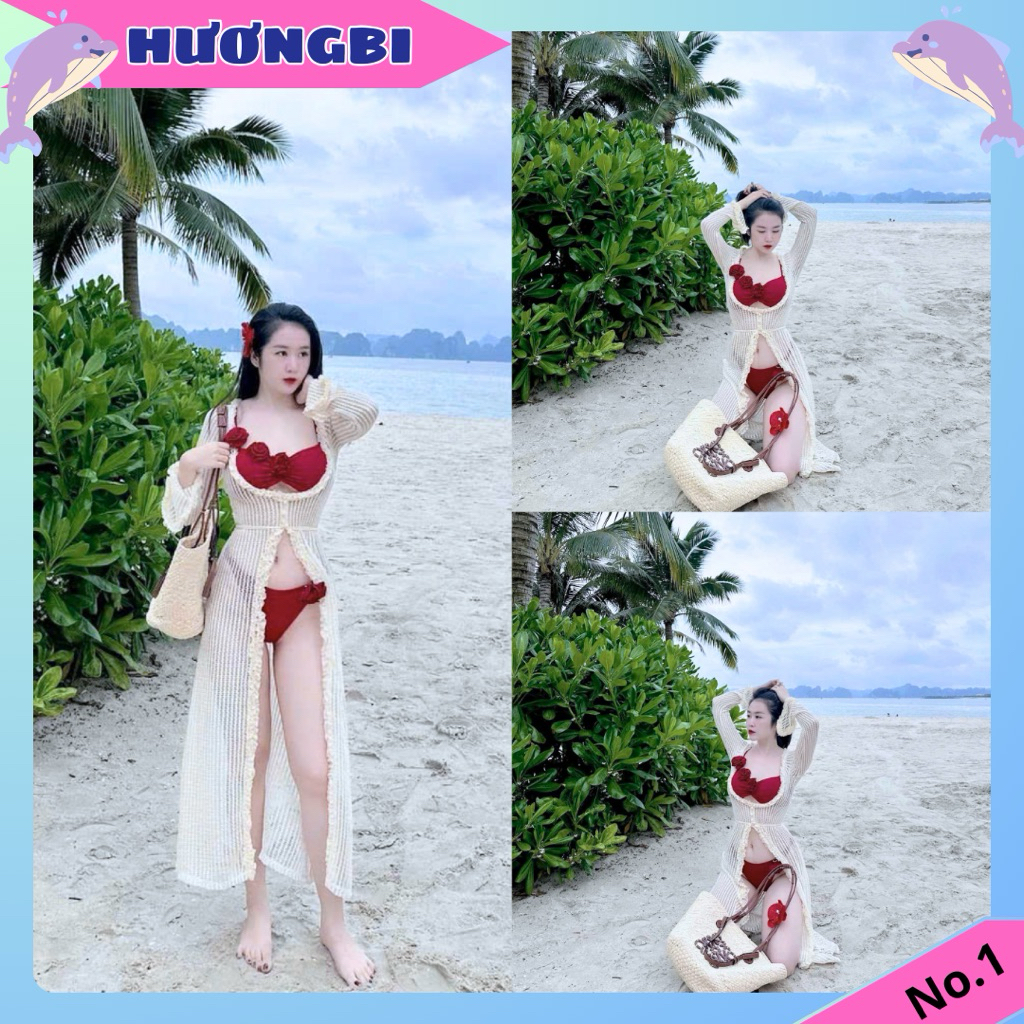 Đồ bơi nữ 3 mảnh ren choàng dáng dài phối bikini đỏ mận trend