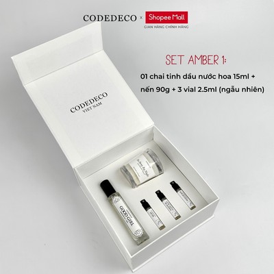 (SET QUÀ AMBER 1) 01 chai tinh dầu nước hoa CODEDECO 15ml + nến 90g + 3 vial ngẫu nhiên 2.5ml