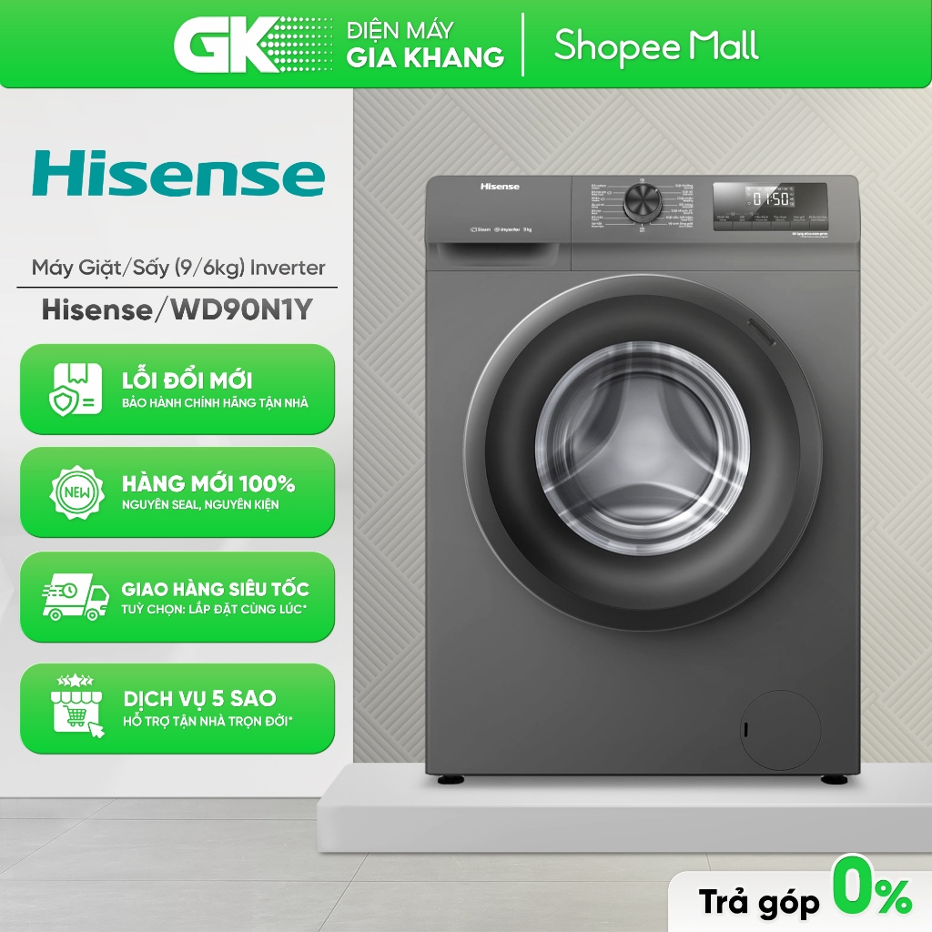 WD90N1Y - Máy Giặt Sấy Hisense Inverter Giặt 9 Kg - Sấy 6 Kg Inverter [Toàn Quốc]