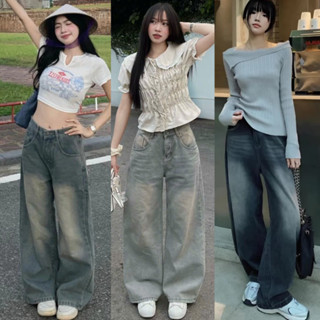 Quần Jean Nữ ống rộng cạp cao Màu Xanh Đậm Wash Trắng RETRO Phong Cách Hàn Quốc dáng dài chất bò RIN mềm denim BIGSIZE