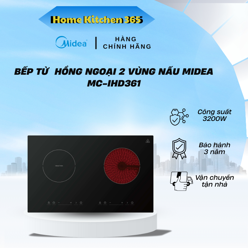 Bếp đôi điện từ kết hợp hồng ngoại Midea MC-IHD361, tổng công suất 3200W, tiện lợi linh hoạt – HK3