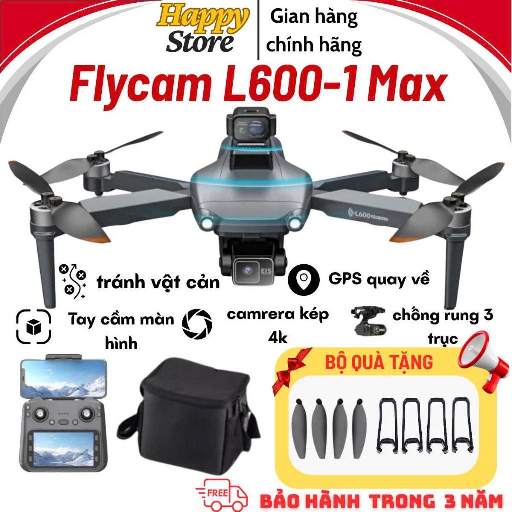 Flycam L600-1 Max, gymbal chống rung, camera 4k, GPS, điều khiển xa 1000m cực mượt, flycam