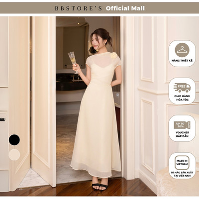 BBSTORE'S Đầm Xòe Tiệc Linen Dài Cổ Thuyền Tag Cài Hoa 3 Lớp - D4529T