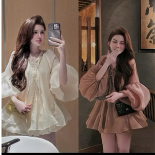    HỎA TỐC HCM   Set Voan Tơ Áo Đính Nút Ngọc Tay Bồng Mix Quần Bí Phồng 