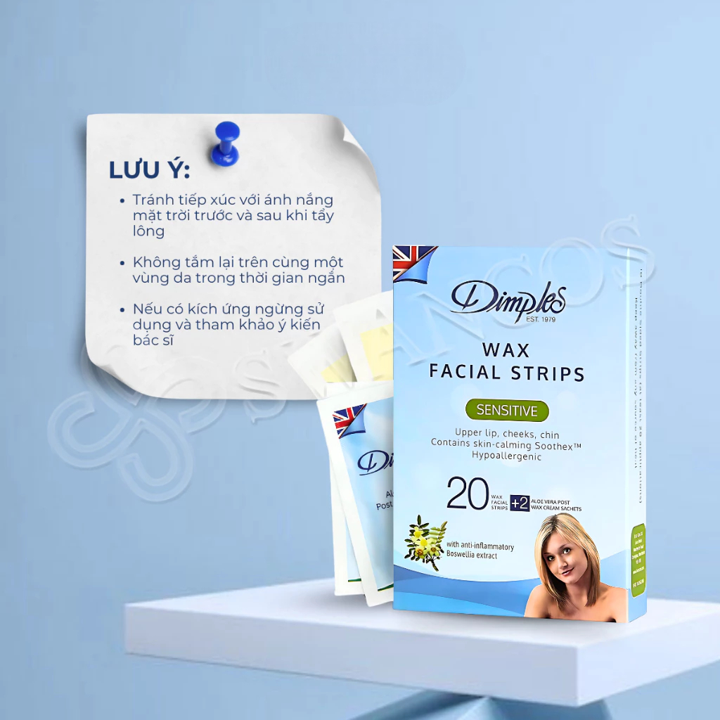 Miếng Dán Tẩy Lông Dimples Wax Strips UK – Wax Lạnh Tẩy Lông Mặt Nách Bikini, Không Đau, 20 Miếng