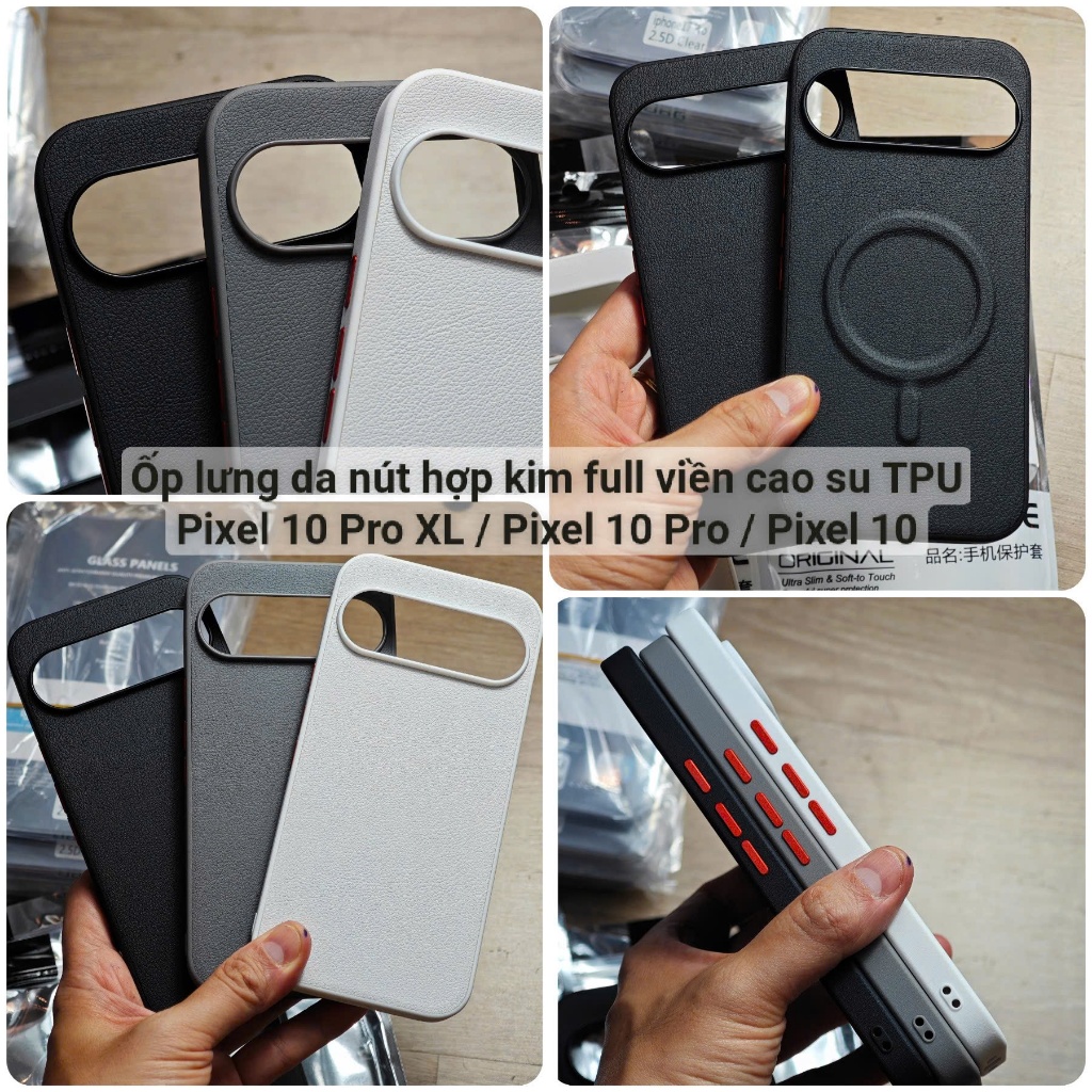 Ốp lưng da nút hợp kim full viền cao su TPU Pixel 10 Pro XL / 10 Pro / 10 / 9 Pro XL từ tính