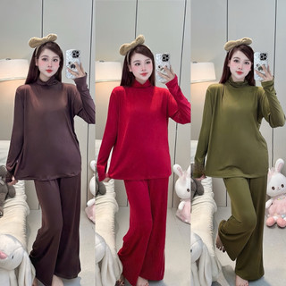  B04 Bộ Ủ Kem Thun Lạnh Cổ Lọ Phom Rộng Quần Ống Rộng 