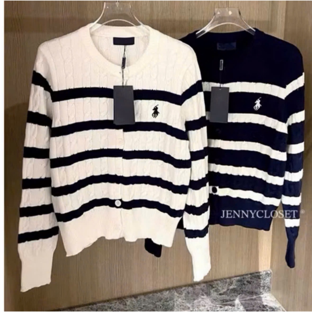 Áo Khoác Len Thêu Ngựa Họa Tiết Kẻ Sọc Ngang Áo Bản QC Loại 1 - Áo Cardigan Len Kẻ Sọc Ngang Áo Logo