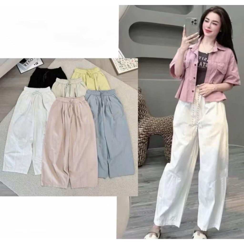 [DEAL MỞ BÁN] Quần dài nữ  kẻ sọc hoạ tiết nơ Cạp Chun Lưng Cao