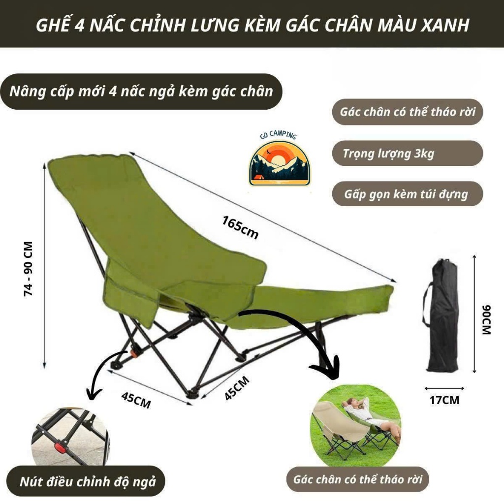 Ghế camping, du lịch gấp gọn 4 nấc điều chỉnh độ ngả lưng, nằm bệnh viện, nằm ngủ văn phòng tiện lợi