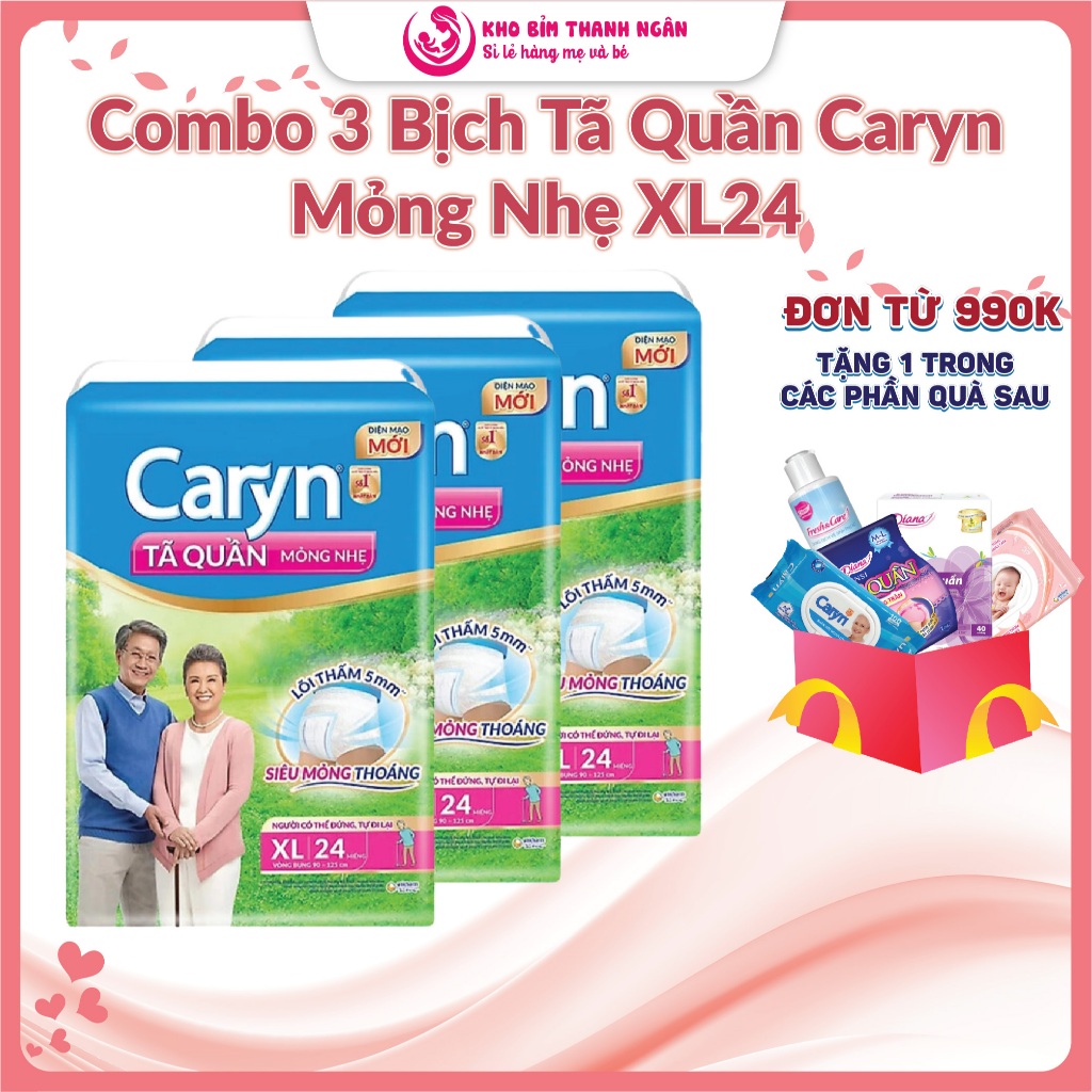Combo 3 Bịch Tã Quần Caryn Mỏng Nhẹ Size XL24 - Quần Caryn Size Lớn - Bỉm Tã Người Già Hương Bạc Hà 