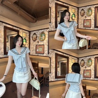    5-Size   Áo sơ mi cổ thủy thủ viền ren phối nơ xinh xắn trẻ trung LAMO - B1464 