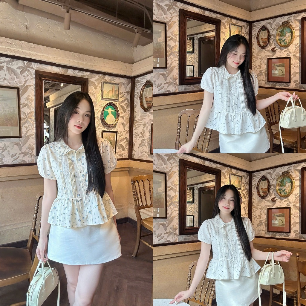 Áo sơ mi babydoll cổ viền ren xinh xắn trẻ trung LAMO - B1465