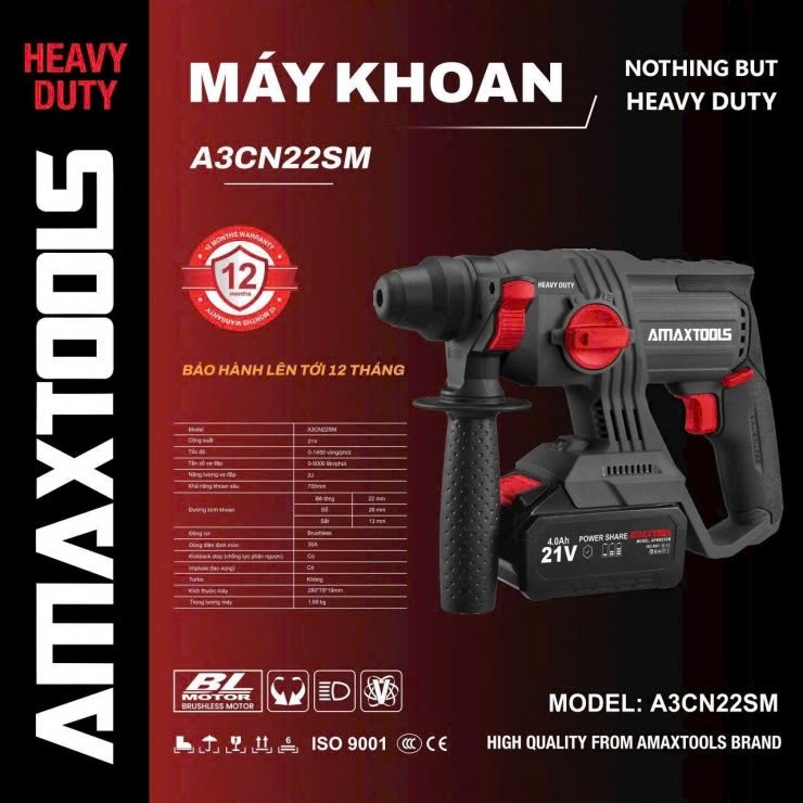 [8811] Máy Khoan Bê Tông 3 Chức Năng 21V Amaxtools A3CN22SM