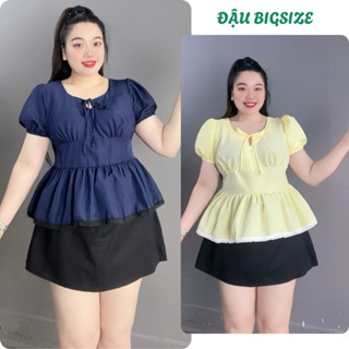  Áo kiểu bigsize nữ cổ vuông có tay phồng ngắn nhún eo tôn dáng tà phối ren lưng sau co giãn có dây thắt - A304 