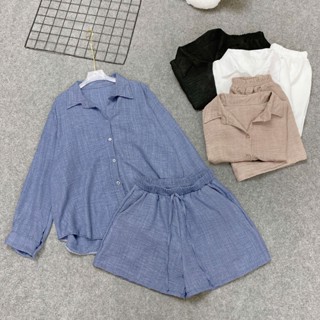 Set Đồ Bigsize Nữ Áo Sơ Mi Dài Tay + Quần Short Lưng Chun Vải Đũi Mát Form Rộng SET861 
