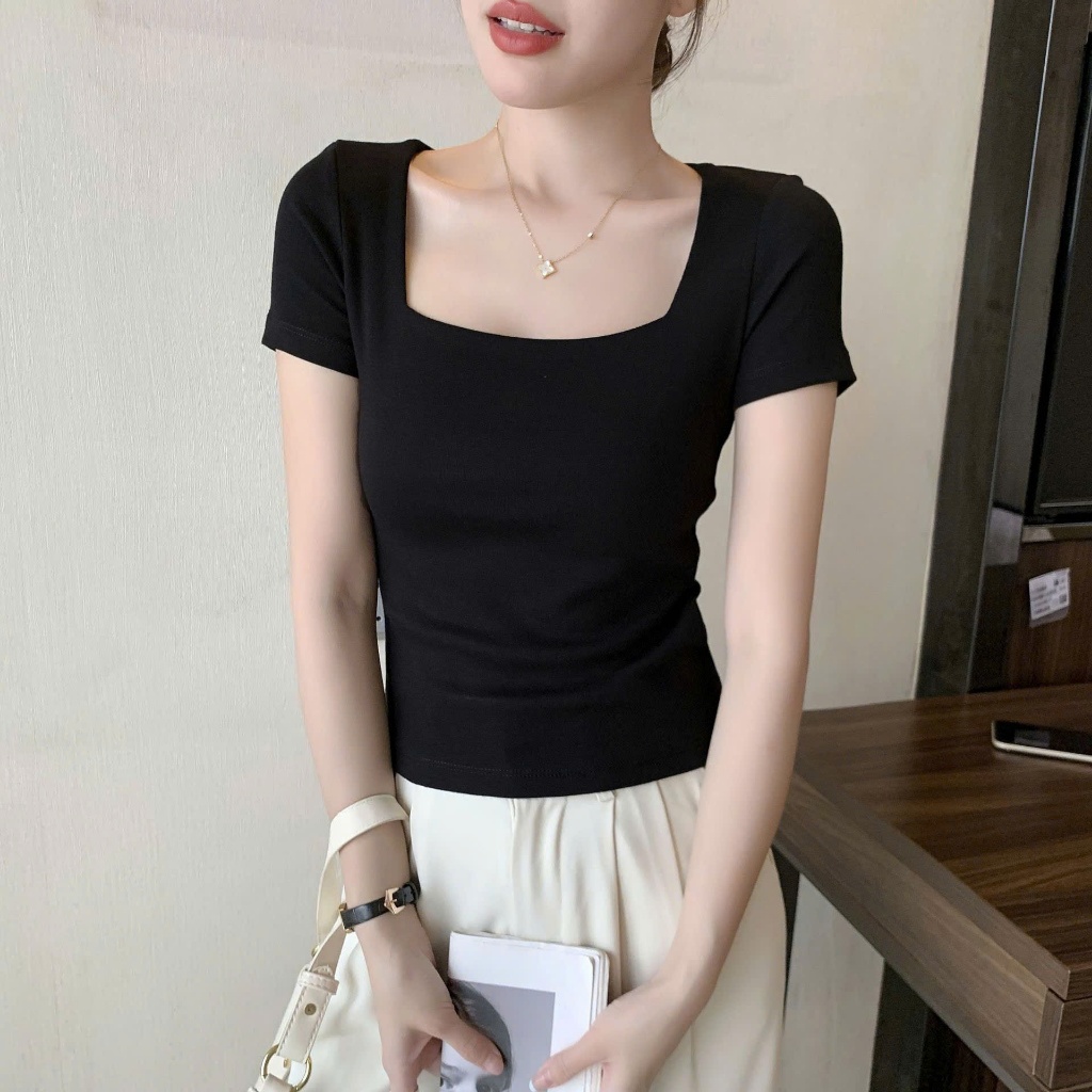 Áo croptop nữ tay ngắn bigsize 55-90kg kimfashion, croptop bigsize co giãn cổ vuông AT43