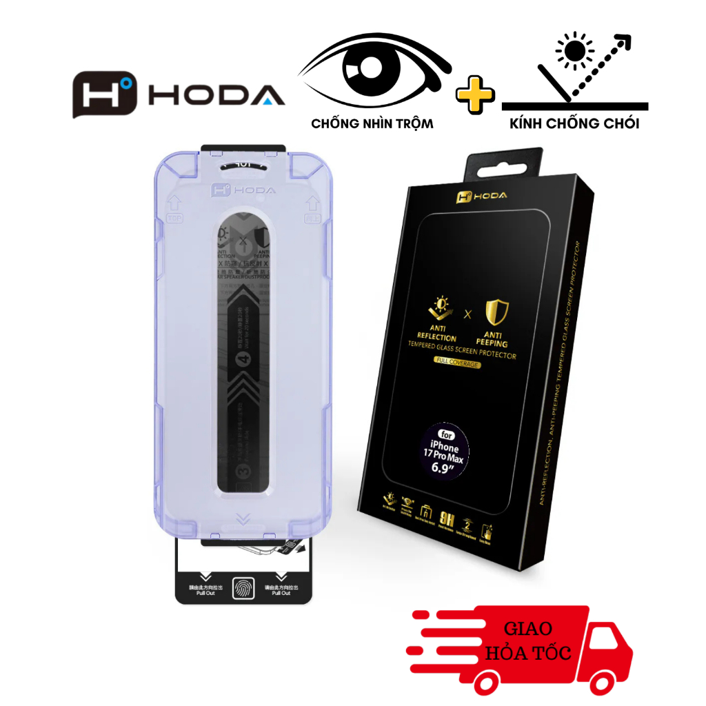 Dán cường lực Full viền kèm khung dán Hoda 2 in 1 Chống nhìn trộm + chống chói iPhone 17 Pro Max / I