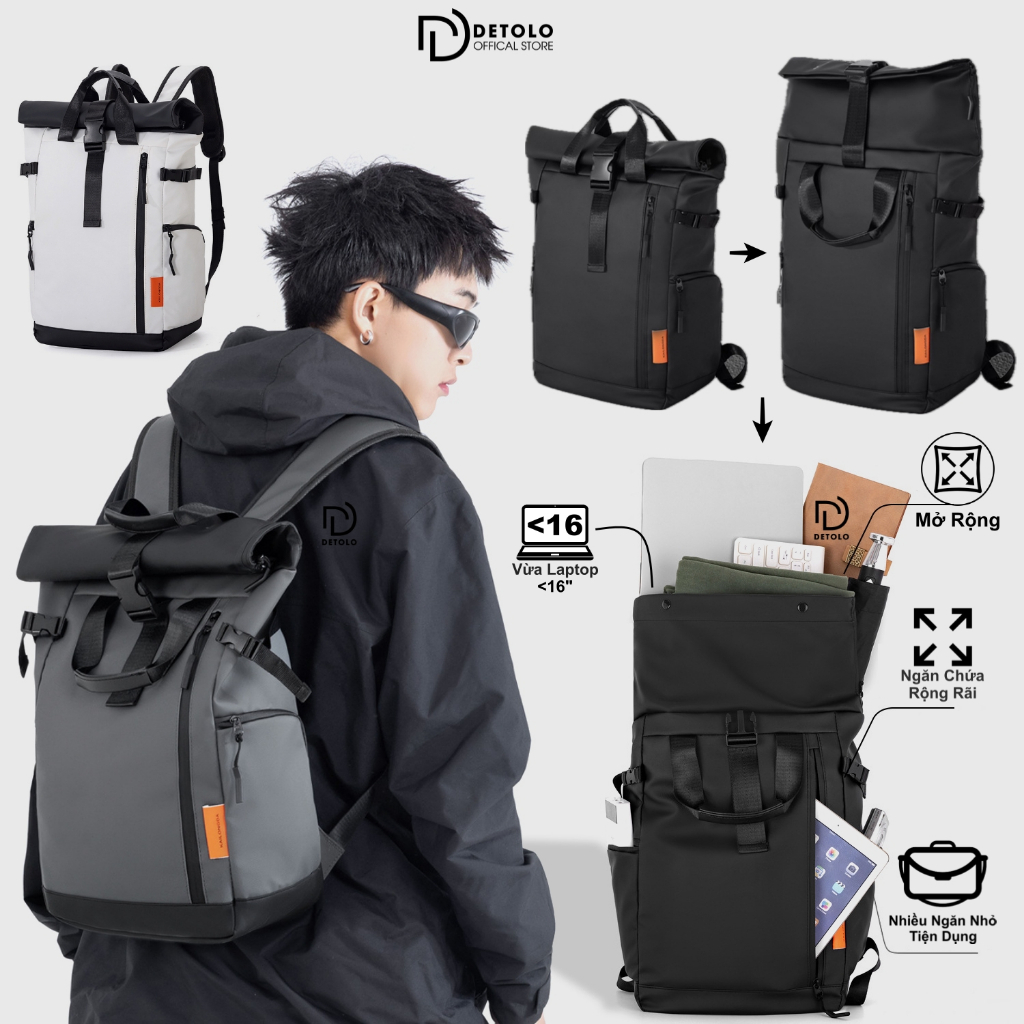 Balo DETOLO Style có ngăn Laptop 16in , Balo du lịch có thể mở rộng và 2 ngăn bên hông dây kéo