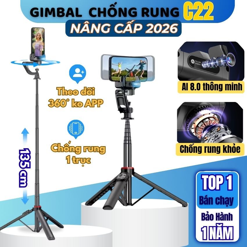 Gimbal điện thoại xoay 360 độ C22, Gimbal chống rung theo dõi vật thể kéo dài 135 cm cao cấp