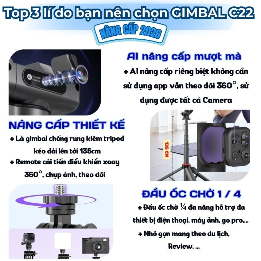 Tripod Điện Thoại AI C22 Kiêm Gimbal Xoay 360 Độ Chống Rung Theo Dõi Chuyển Động Nâng Cấp 2026 | BigBuy360 - bigbuy360.vn