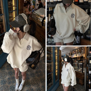 Set Bộ Nữ Nỉ Bông Dày Dặn Áo Polo Tay Bồng Thêu Logo Nổi Form Rộng Và Quần Short Nữ Phong Cách Ulzzang Hàn Quốc