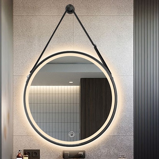 Gương Tròn Dây Da Đen Treo Tường HD Decor – Gương đèn LED Phòng Khách/Phòng Ngủ, KT 40/50/60cm