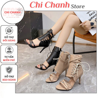 Giày boot nữ cổ cao dây đan thời trang gót nhọn 9cm tôn dáng thon gọn G253