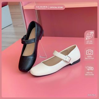 Giày bệt búp bê nữ HÀ HUYỀN da lì mũi vuông quai ngang khóa cài đế bệt 1cm - BB762